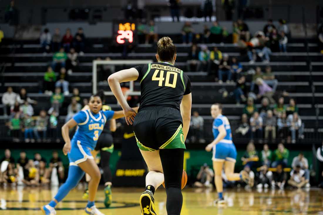 Grace VanSlooten(40) continues a fast break down the court during the first quarter. The University of Oregon Women&#8217;s basketball team lost to University of California, Los Angeles 55-74 at Matthew Knight Arena in Eugene, Ore., on Feb.18, 2024. (Kemper Flood/ Emerald)