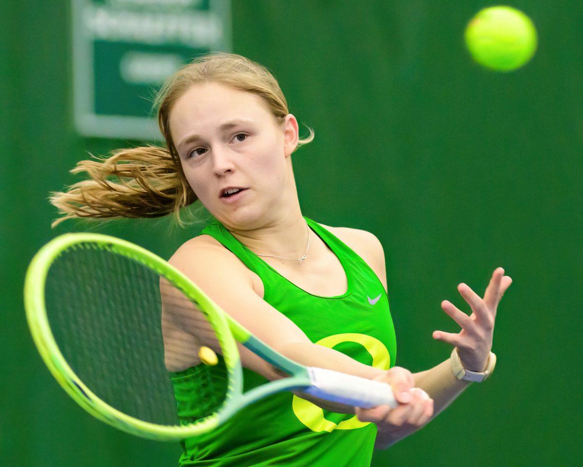 Sophie Luescher hits the ball across the net. The University of Oregon Ducks Women's Tennis team played the Eastern Washington University Eagles in a home match at the Student Tennis Center in Eugene, Ore., on Feb. 2, 2024. (Eric Becker/Emerald)