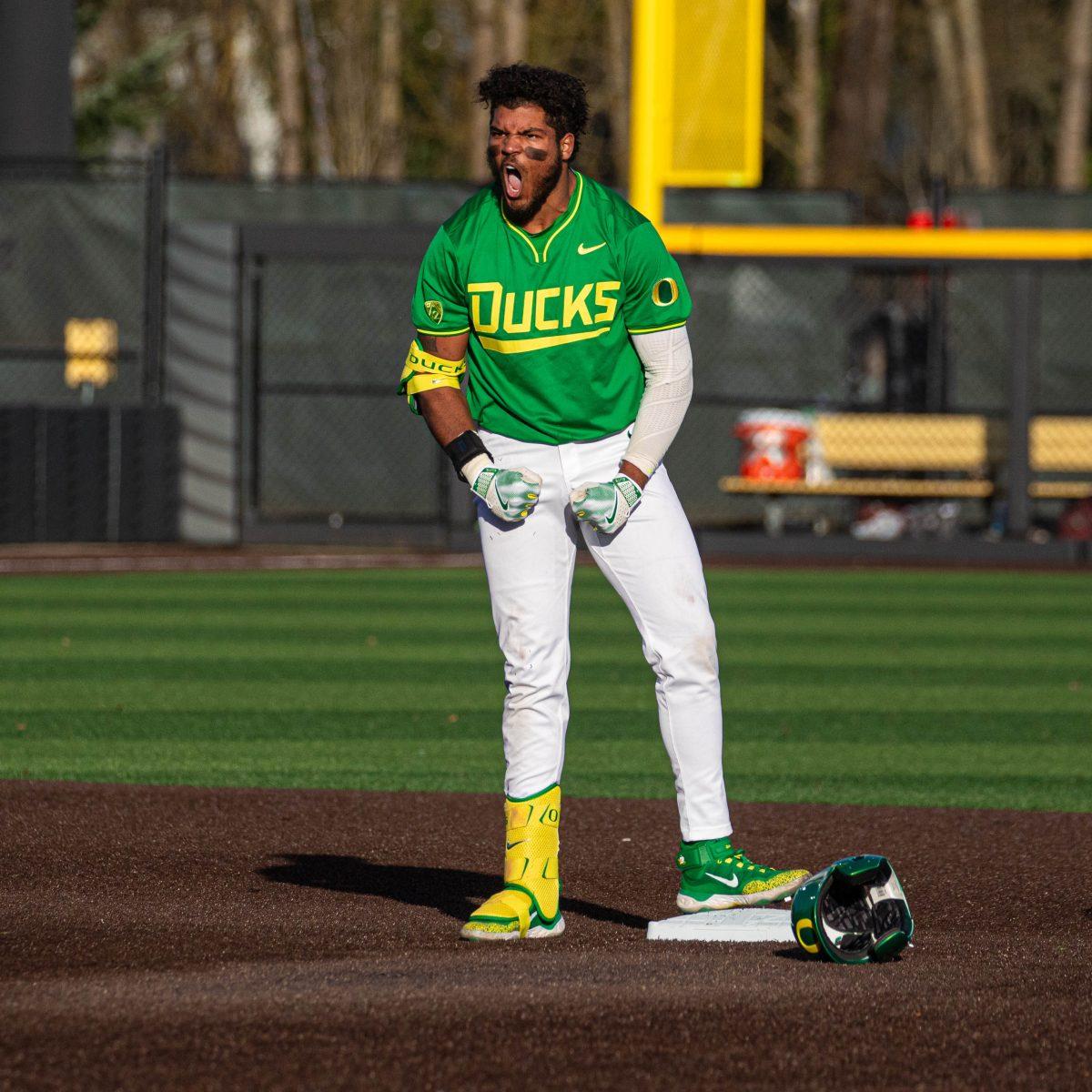 Jacob Walsh (25) called safe at second after extending a single. The Oregon Baseball team defeats Lafayette College 17-3 in Game 1 of the series at PK Park in Eugene, Ore., on Feb.23, 2024. (Kai Kanzer/Emerald)&#160;