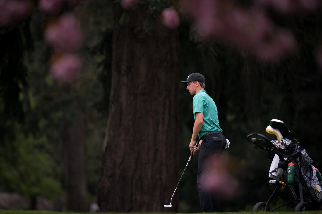 Freshman Tom Gueant putts the ball. Oregon Ducks men's golf plays in the Pac-12 Championships at Eugene Country Club in Eugene, Ore. on April 22, 2019. (Ben Green/Emerald)