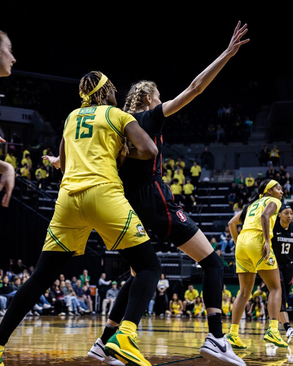 Cameron Brink (22) continuously attacks Oregon's bigs like six foot seven Kennedy Basham (1) and six foot eight Philippine Kyei (15) and has no struggles getting to the spots that she wants and succeeds in.&#160;The Oregon&#160;Women's&#160;Basketball team host #4 Stanford at Matthew Knight Arena in Eugene, Ore., on March 2, 2024. (Jonathan Suni/Emerald)