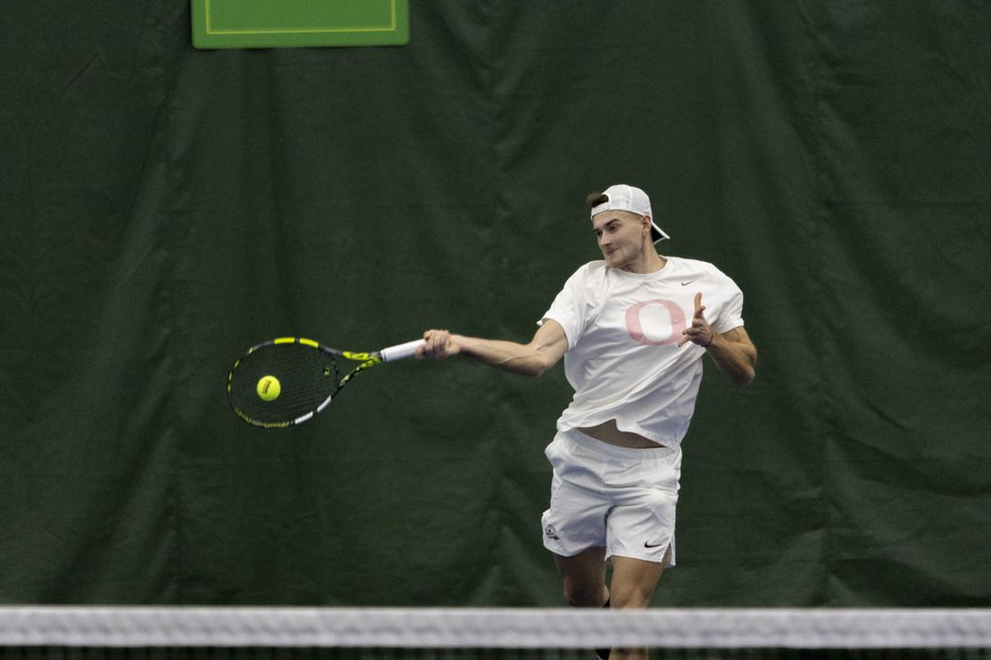 The Oregon Men's Tennis team faced off against the University of Nevada, Reno, on Feb. 10, 2024. (Alex Hernandez/Emerald)