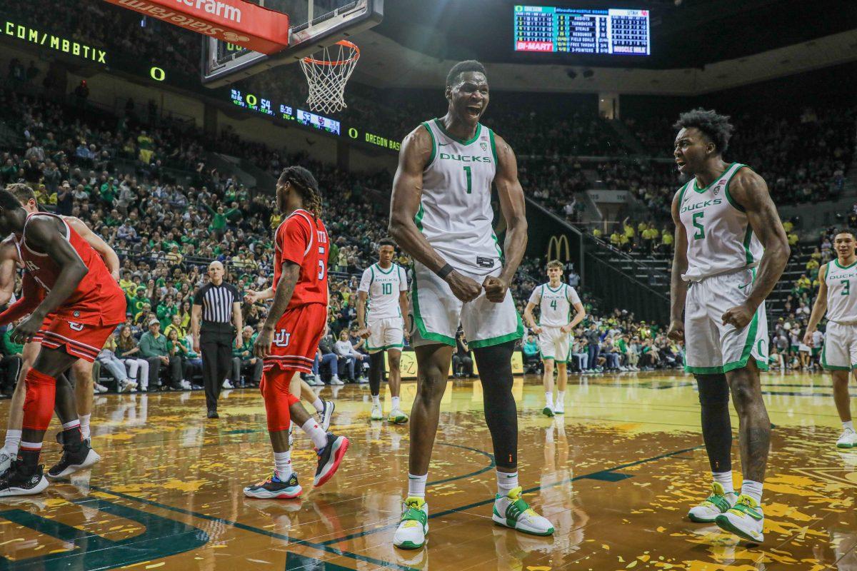 N'Faly Dante (1) celebrates a layup late in the second half. Dante helped the Ducks win on senior night putting up 19 points and 12 rebounds. Oregon Men&#8217;s Basketball beat Utah 66-65 on senior night at Matthew Knight Arena in Eugene, Ore., on March 9, 2024. (Kai Kanzer/Emerald)