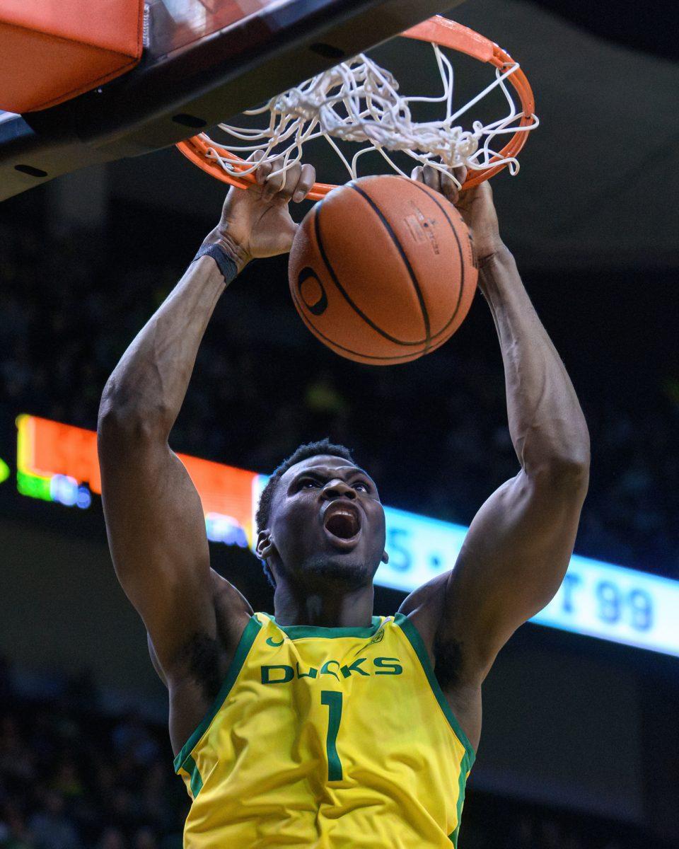 Oregon Center N'Faly Dante #1 dunks the ball. The University of Oregon Ducks Men's Basketball team was defeated by the University of Colorado Buffaloes 79-75 in a home game at Matthew Knight Arena in Eugene, Ore., on March 7, 2024. (Eric Becker/Emerald)