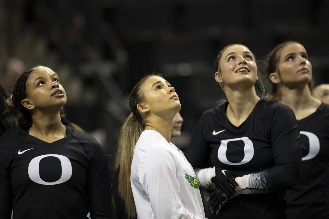 The Quinnipiac acrobatics and tumbling team defeated the Oregon team with a final score of 275.420-270.440 in their faceoff at Matthew Knight Arena on March 19, 2024. (Alex Hernandez/Emerald)