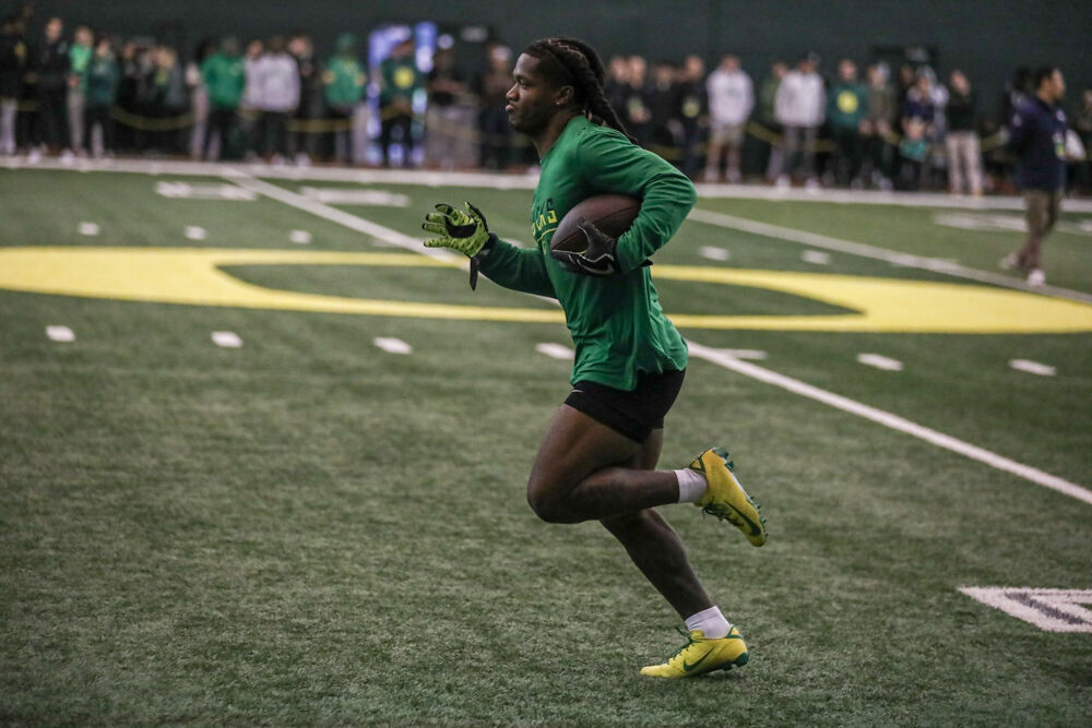 Bucky Irving after catching a Bo Nix check down pass. Oregon Ducks prepare for the NFL Draft at their Pro Day 2024. (Kai Kanzer/Emerald)