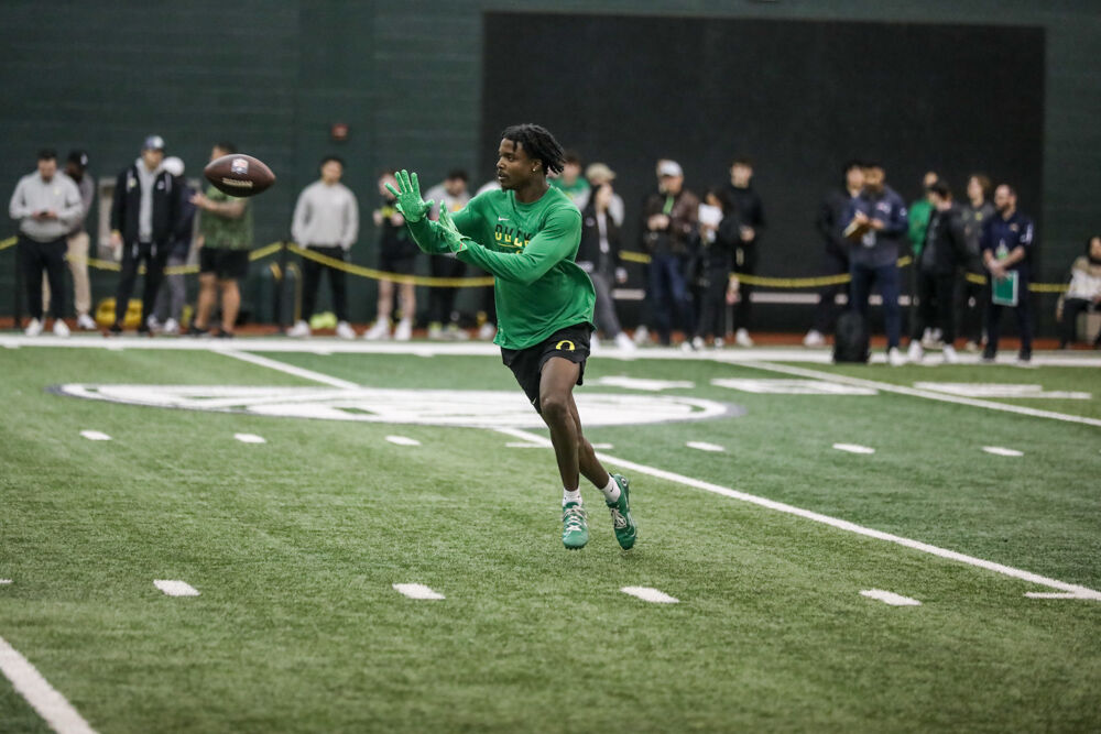 Khyree Jackson during interception drills at Pro Day. Oregon Ducks prepare for the NFL Draft at their Pro Day 2024. (Kai Kanzer/Emerald)