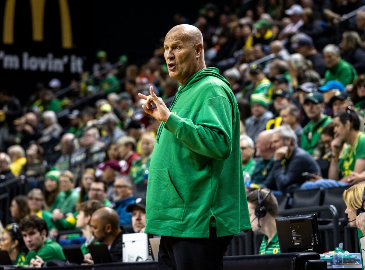 Coach Graves calls a play to try and keep control of the game.&#160;The Oregon&#160;Women's&#160;Basketball team host #4 Stanford at Matthew Knight Arena in Eugene, Ore., on March 2, 2024. (Jonathan Suni/Emerald)