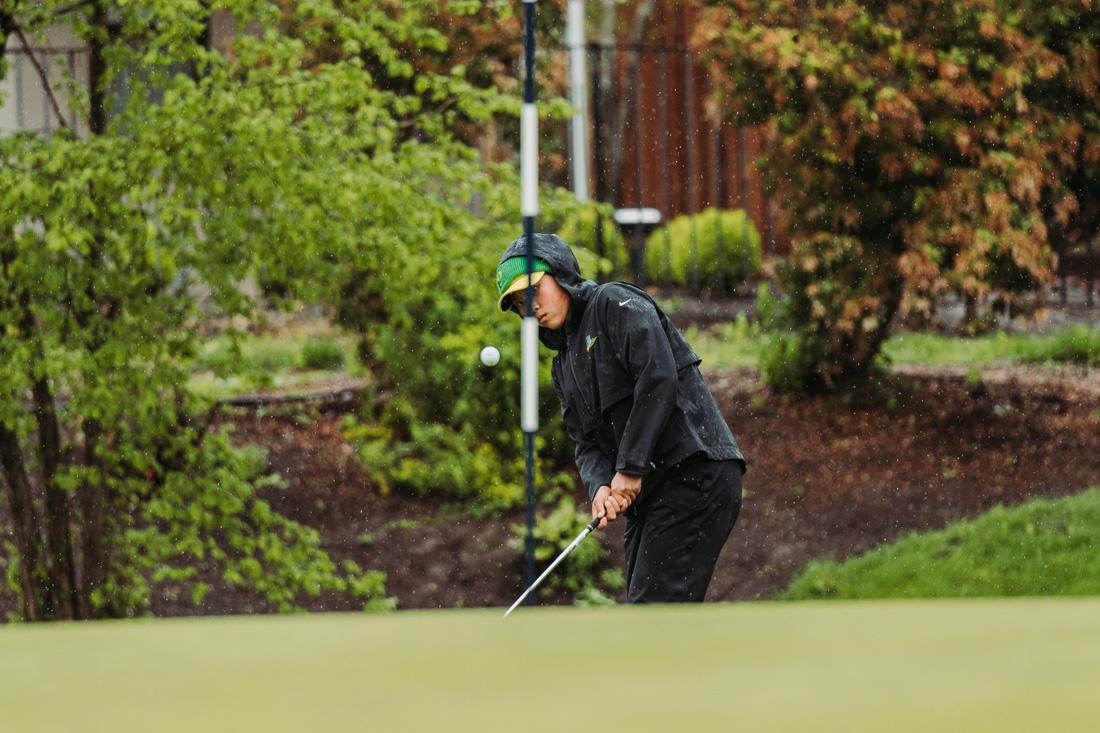 <p>Oregon's Hsin-Yu (Cynthia) Lu, chips her ball onto the green. Lu would go on to be the the individual champion of the tournament shooting 6 strokes under par. The Eugene Country Club hosted the Pac-12 Women's golf championships from April 18-20, 2022. (Serei Hendrie/ Emerald)</p>