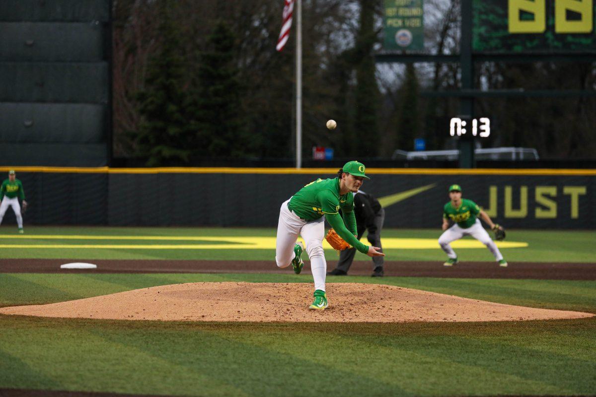 Oregon Pitcher, RJ Gordon gets handed his first loss of the year after surrendering 4 runs in 4 innings. UC Santa Barbara defeats the Oregon Baseball team 6-1 in Game 1 of the series at PK Park in Eugene, Ore., on March 1, 2024. (Kai Kanzer/Emerald)