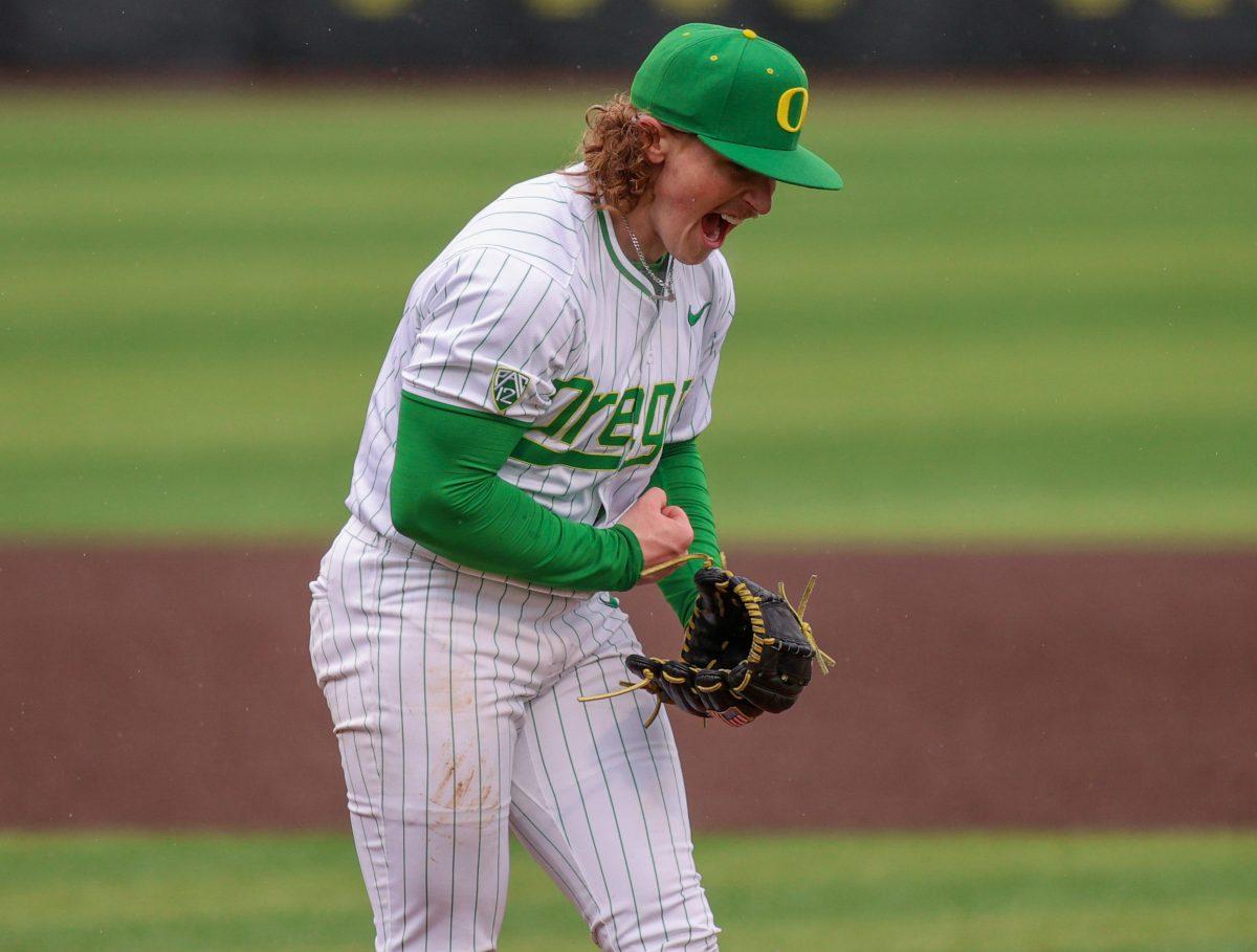 Michael Freund (10) finishes off the game for the UO, and celebrates when he strikes out the last batter. Oregon Baseball take on UC Santa Barbara at PK Park in Eugene, on March 3 , 2024. (Eddie Bruning/Emerald)