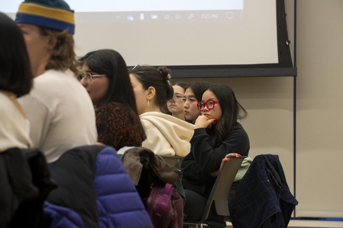 Members of the ASUO senate listen as people give speeches in support of NASU and the Mother's Day Powwow at the meeting on March 13, 2024. Over 150 students and community members protested the decision made by the ASUO to schedule the spring concert on the same weekend as the 56th Annual Mother's Day Powwow, a community and cultural event planned by the Native American Student Union. (Alex Hernandez/Emerald)