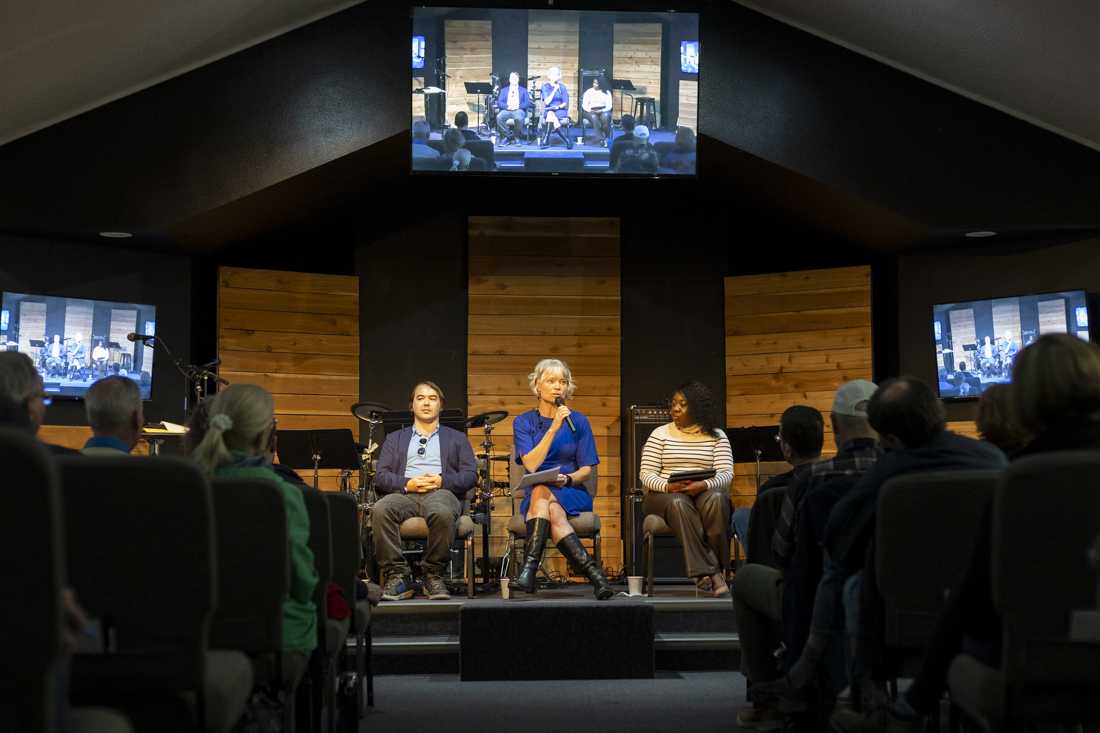 Kaarin Knudson, a mayoral candidate, answers a question during a Q&A at the mayoral candidate forum at Harvest Community Church on April 16, 2024. The forum, where candidates spoke about topics such as taxation, addiction and mental health crises in Eugene, and the recent HB4002, was organized by the Cal Young Neighborhood Association and Northeast Neighbors. (Alex Hernandez/Emerald)