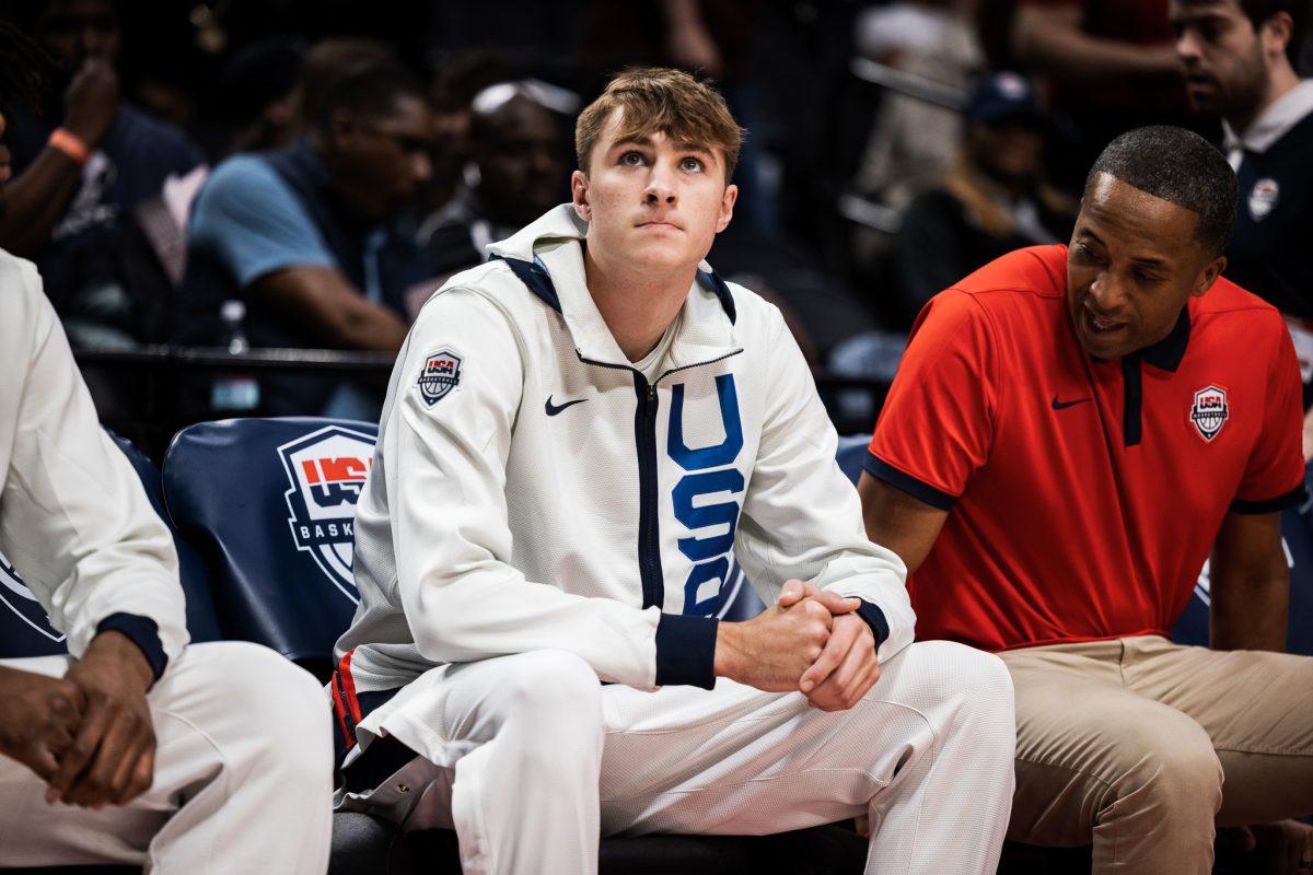 <p>FIBA gold medalist, Cooper Flagg, takes a moment to himself prior to the start of the game. Flagg brought a lot of attention to the 2024 Nike Hoop Summit like Bronny James did in the year prior. The top high school athletes in the world represent their respective countries at the Nike Hoop Summit held at the Moda Center in Portland, Ore., on April 13th, 2024. (Jonathan Suni, Emerald).</p>