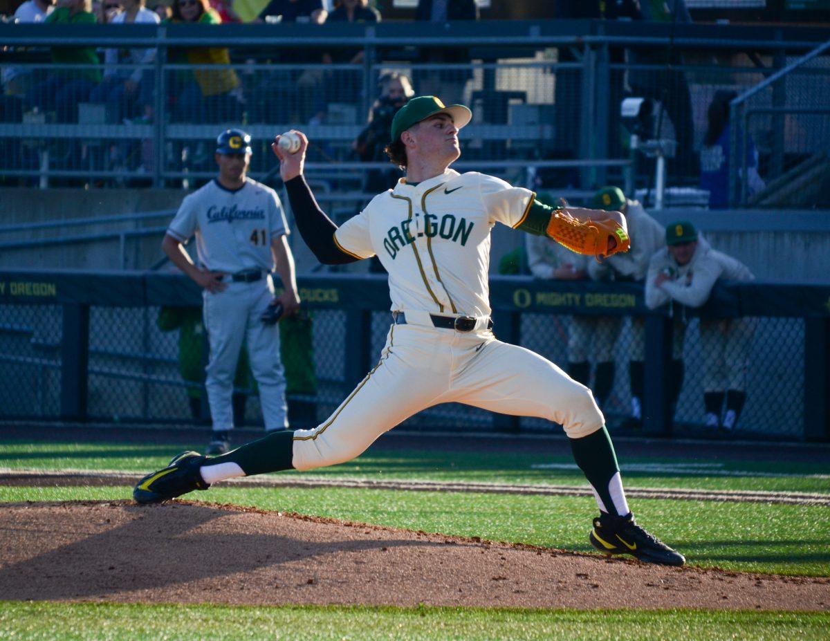 <p>Starting pitcher RJ Gordon (66) gives up three home runs in the first five innings letting up six earned runs. (Kai Kanzer/Emerald)</p>