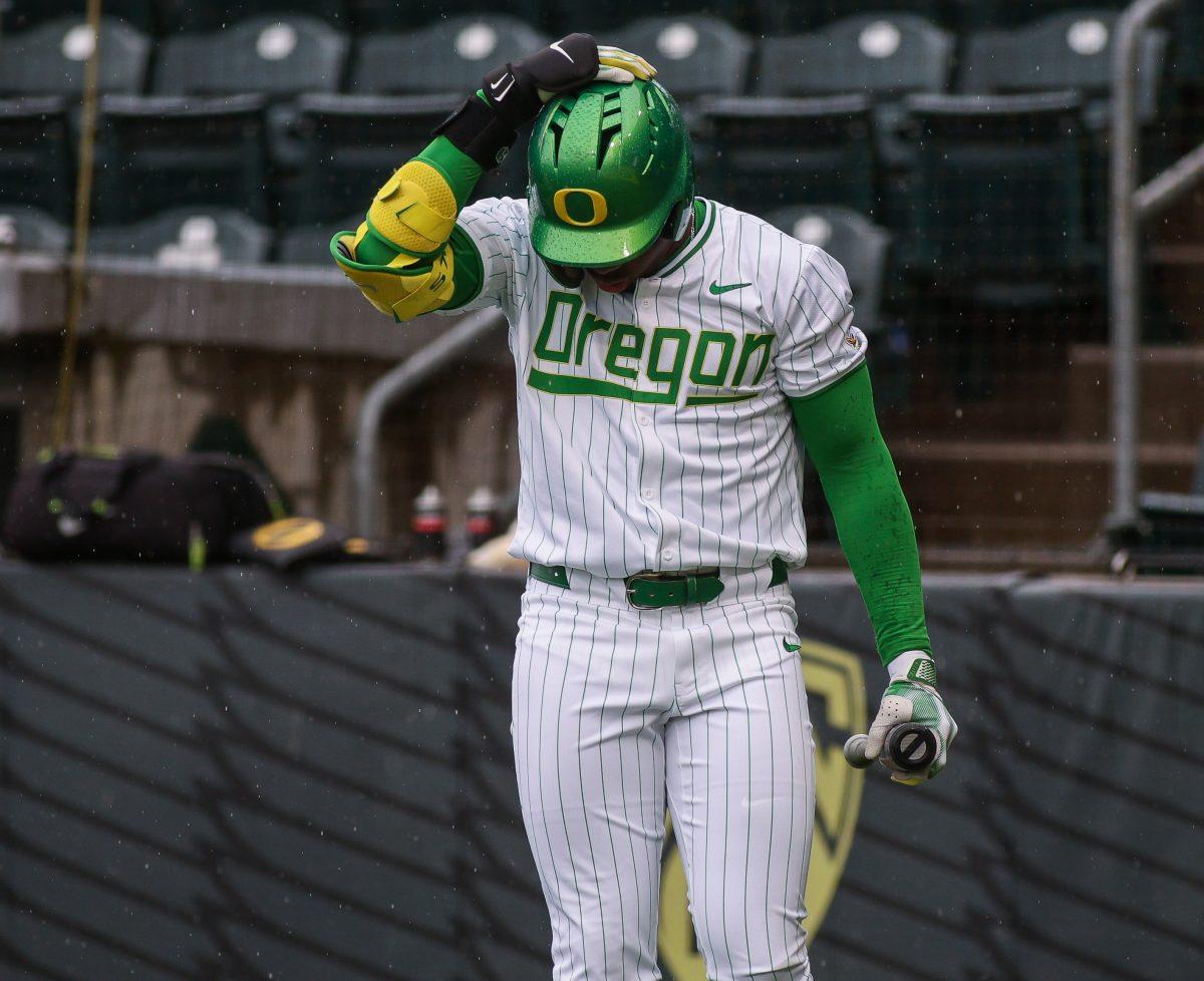 Oregon&#8217;s designated hitter Jeffery Heard (35) steps up to the plate. Oregon Baseball take on UC Santa Barbara at PK Park in Eugene, on March 3 , 2024. (Eddie Bruning/Emerald)