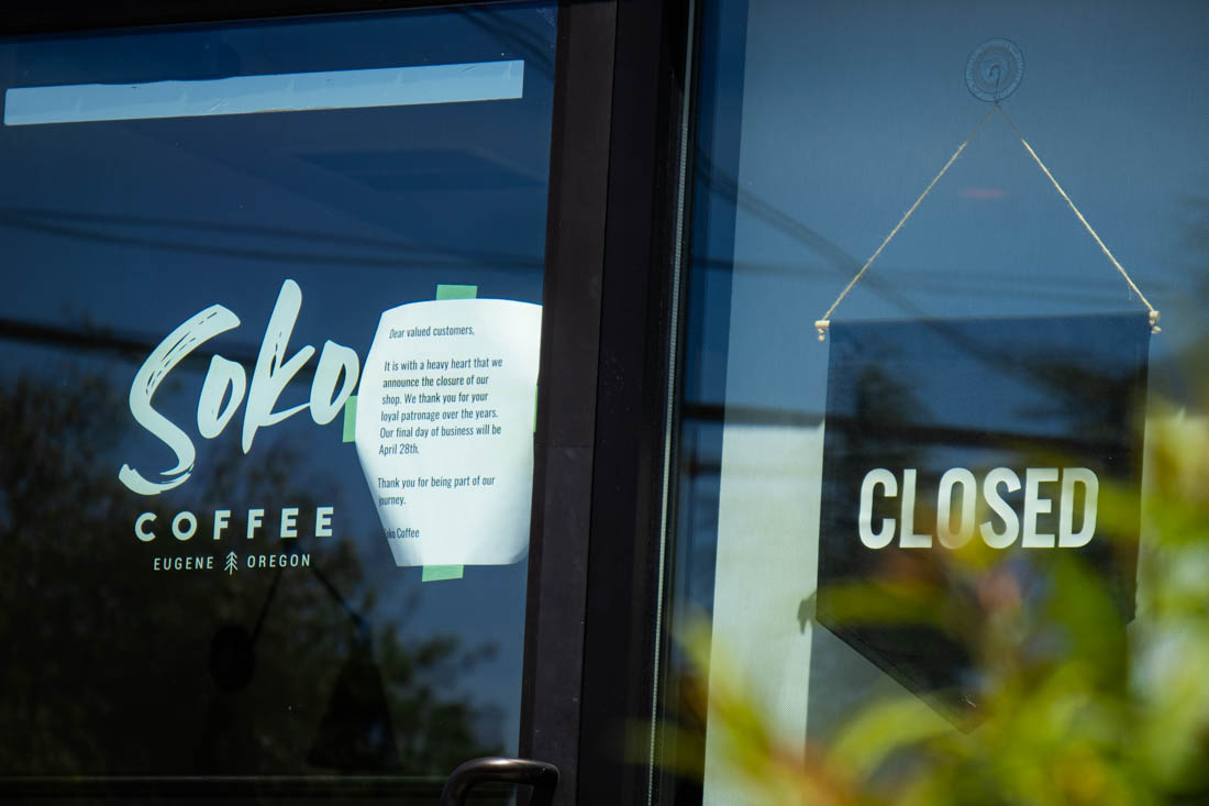 This photo, taken on May 16, 2024, captures the bittersweet moment as the "Closed" sign is displayed prominently in front of Soko Coffee, marking the end of an era. (Mason Cruz/Emerald)