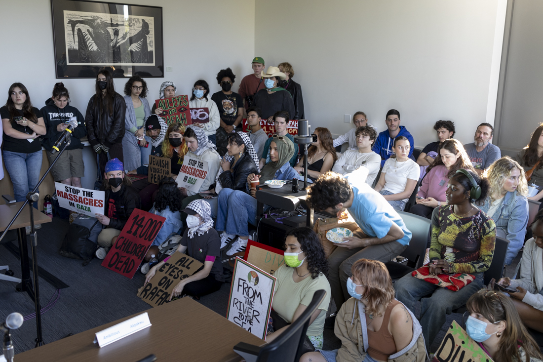 The ASUO senate meeting, held May 8, 2024, saw a nearly three-hour public comments session as community members and students&#8212;many of whom were associated with the ongoing encampment demonstration or one of various Jewish student groups which have opposed the encampment&#8212;spoke on the topic of a "Boycott, Divestment and Sanctions" resolution, which was received by senators the night before the meeting, and added to the agenda three hours before the meeting at 4 p.m. (Alex Hernandez/Emerald)