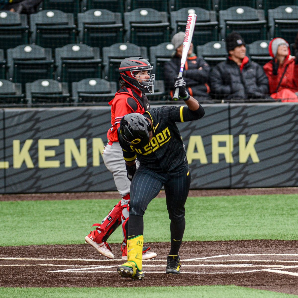 Jeffery Heard (35) slams his bat in frustration after flying out with the bases loaded in a one-run game.&#160;The Utah Utes Baseball Team avoid the sweep, winning game three of the series 9-7 at PK Park in Eugene, Ore., May 5, 2024. (Kai Kanzer/Emerald)