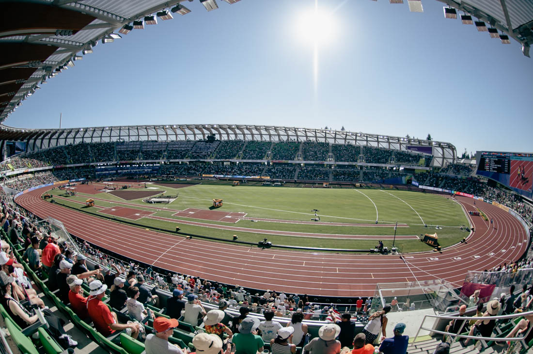 Fans prepare for another day filled with track as the first event in the afternooon session is the start of the men's high jump decathlon. The second to last day of the World Athletics Championships is hosted at Hayward Field on July 23, 2022 in Eugene, Ore. (Maddie Stellingwerf/Emerald)