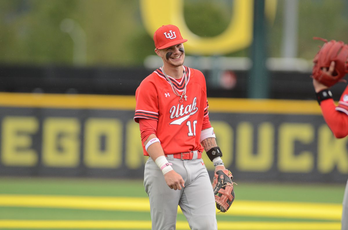 Utah Shortstop Core Jackson (10) smiles in between innings after hitting a three run double in the top half of the eighth. The Utah Utes Baseball Team avoid the sweep, winning game three of the series 9-7 at PK Park in Eugene, Ore., May 5, 2024. (Kai Kanzer/Emerald)