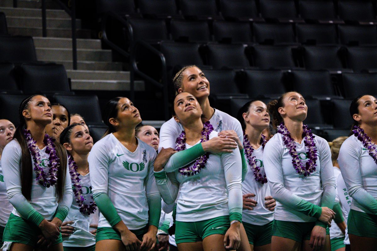 The University of Oregon Ducks Acrobatics and Tumbling Team played the University of Baylor Bears in a home match at Matthew Knight Arena in Eugene, Ore., on Apr. 5, 2024. (Spencer So/Emerald)