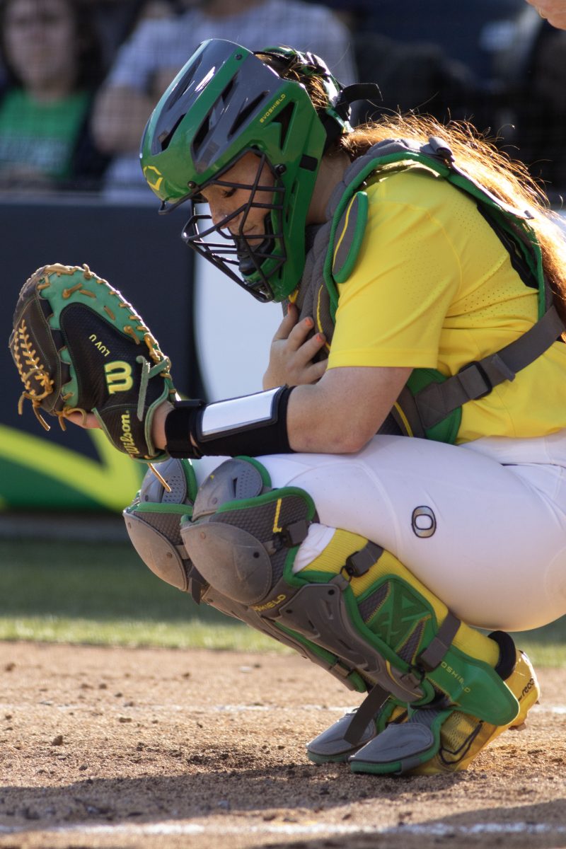 Vallery Wong (99) at the plate getting ready for the upcoming inning. The Oregon Softball team secures the win 11-3 over Oregon State in game 1 of their Rivalry Series, hosted at Jane Sanders Stadium in Eugene, Ore., on April 19, 2024. (Alyssa Garcia/Emerald)