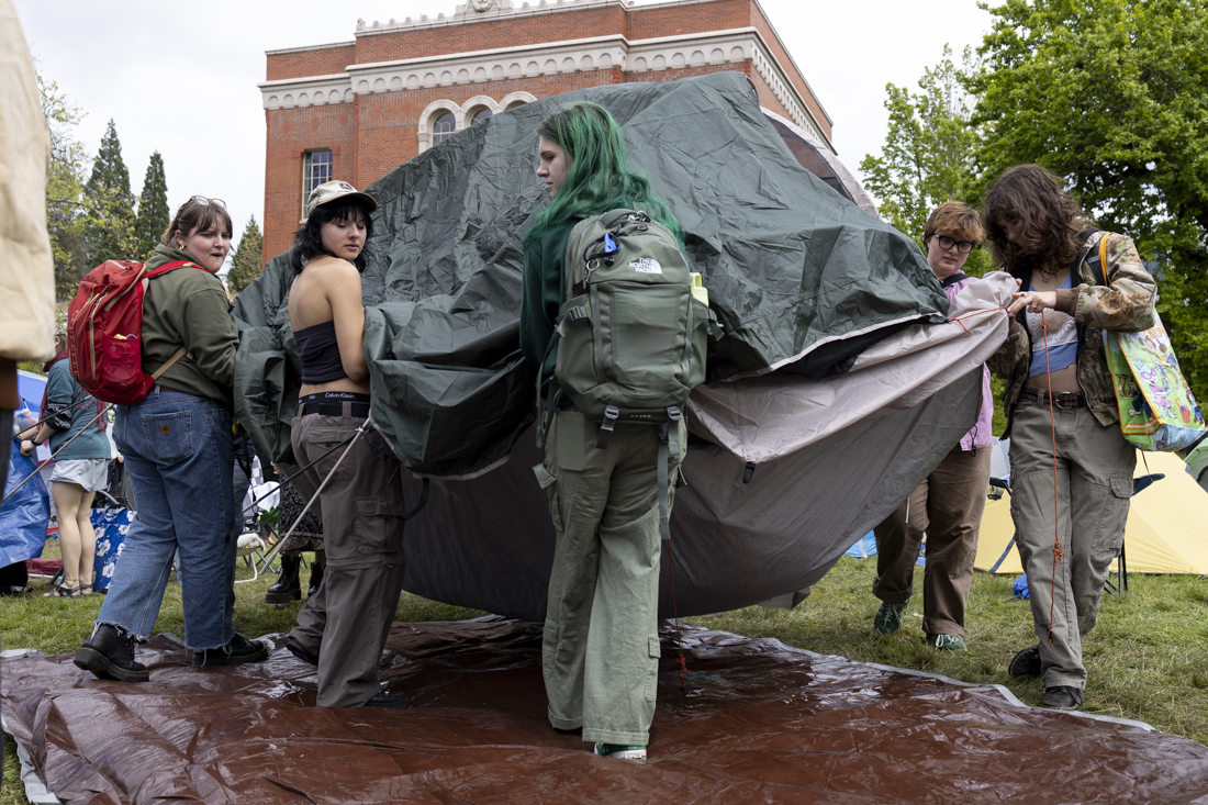 <p>Demonstrators reorganize the encampment to make room for more tents, supplies and people on May 2, 2024. This is the fourth day of the growing pro-Palestine encampment demonstration, which has spread farther across the UO Memorial Quad; the protest is one of many across college campuses nationwide. (Alex Hernandez/Emerald)</p>