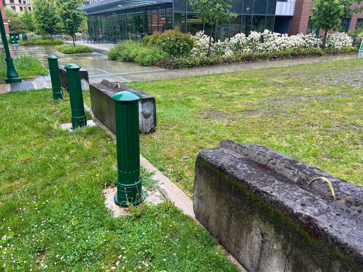 Four cement barricades have been added near Tykeson Hall. (Mario Ponce/Emerald)