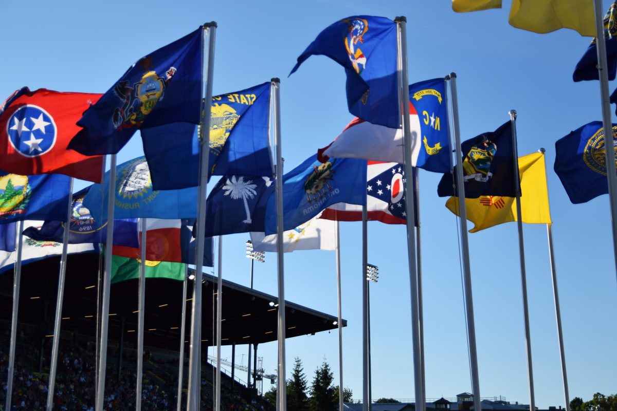 Flags fly high over the first day of the USA track and field outdoor championships at Hayward Field. (Meerah Powell/Emerald)