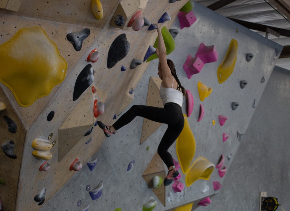 Nola Parnes, an athlete on the University of Oregon climbing team, goes up one of the climbing walls at Elevation Bouldering Gym in Eugene, Oregon.