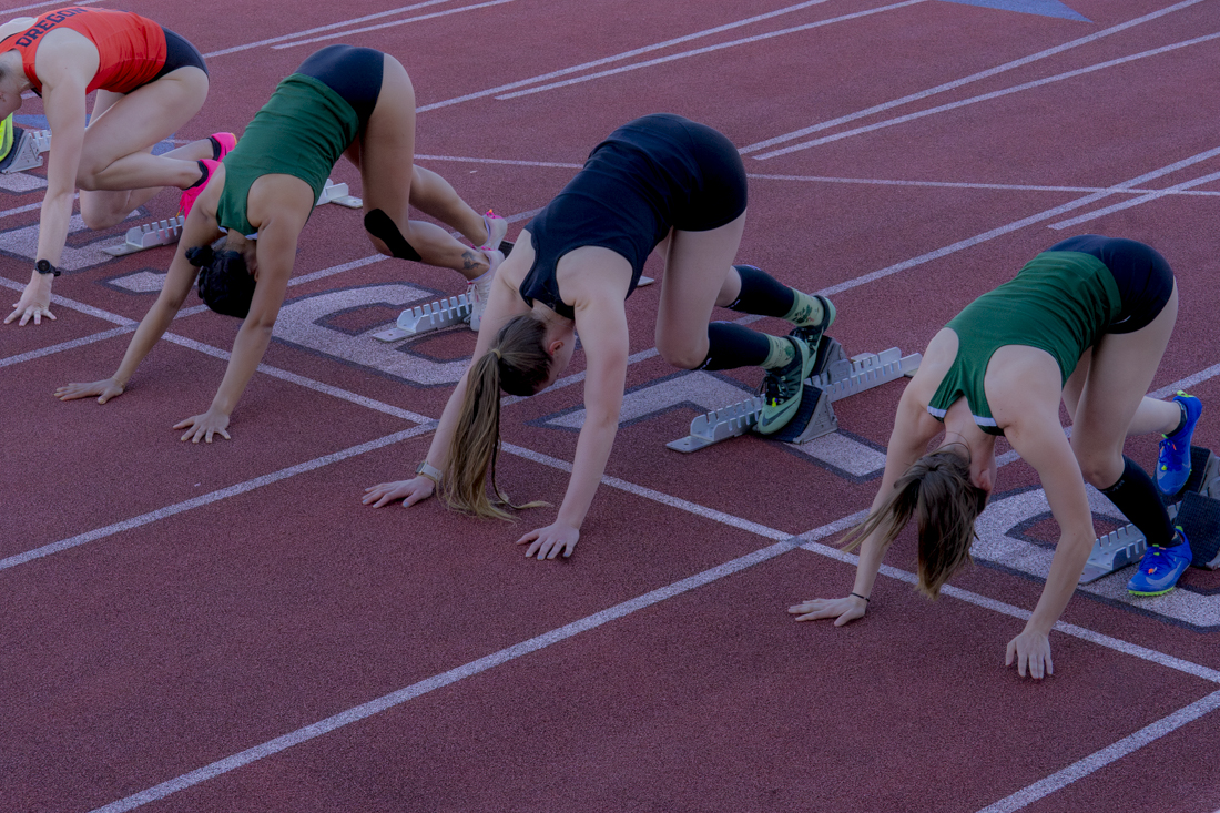 Runners line up in preperation for the 110m hurdle competition. The PNW Invitational took place on March 16, 2024 at Oregon State University (Lulu Devoulin/ Emerald)