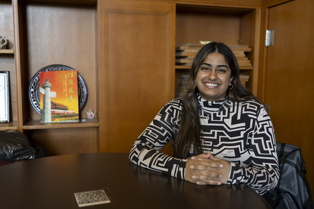 Khushi Singh, a member of the South Asian Cultural Alliance, poses for a portrait inside of the UO Mills International Center on April 30, 2024. (Alex Hernandez/Emerald)