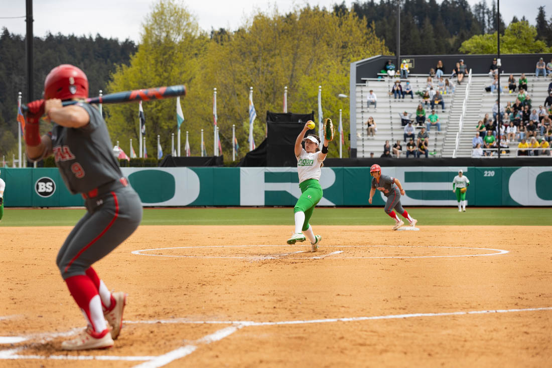 <p>Stevie Hansen (00) starts the game pitching for the Ducks. Oregon Ducks softball lost 0-2 in a league series against the Utah Utes on May 7th, 2023, at Jane Sanders Stadium. (Kemper Flood/ Emerald).</p>