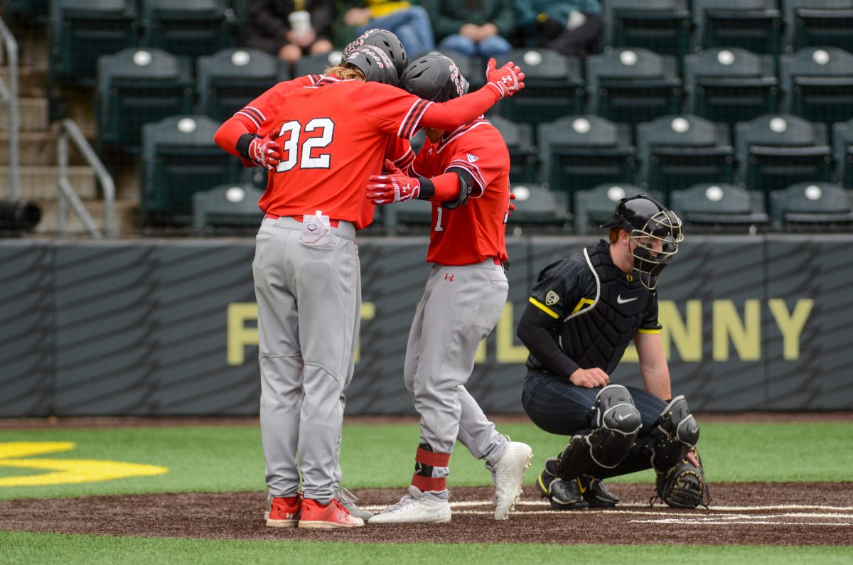 Tyler Quinn (17) celebrates at home plate after hitting his seventh home run of the year to give Utah the lead in the fourth inning.&#160;The Utah Utes Baseball Team avoid the sweep, winning game three of the series 9-7 at PK Park in Eugene, Ore., May 5, 2024. (Kai Kanzer/Emerald)