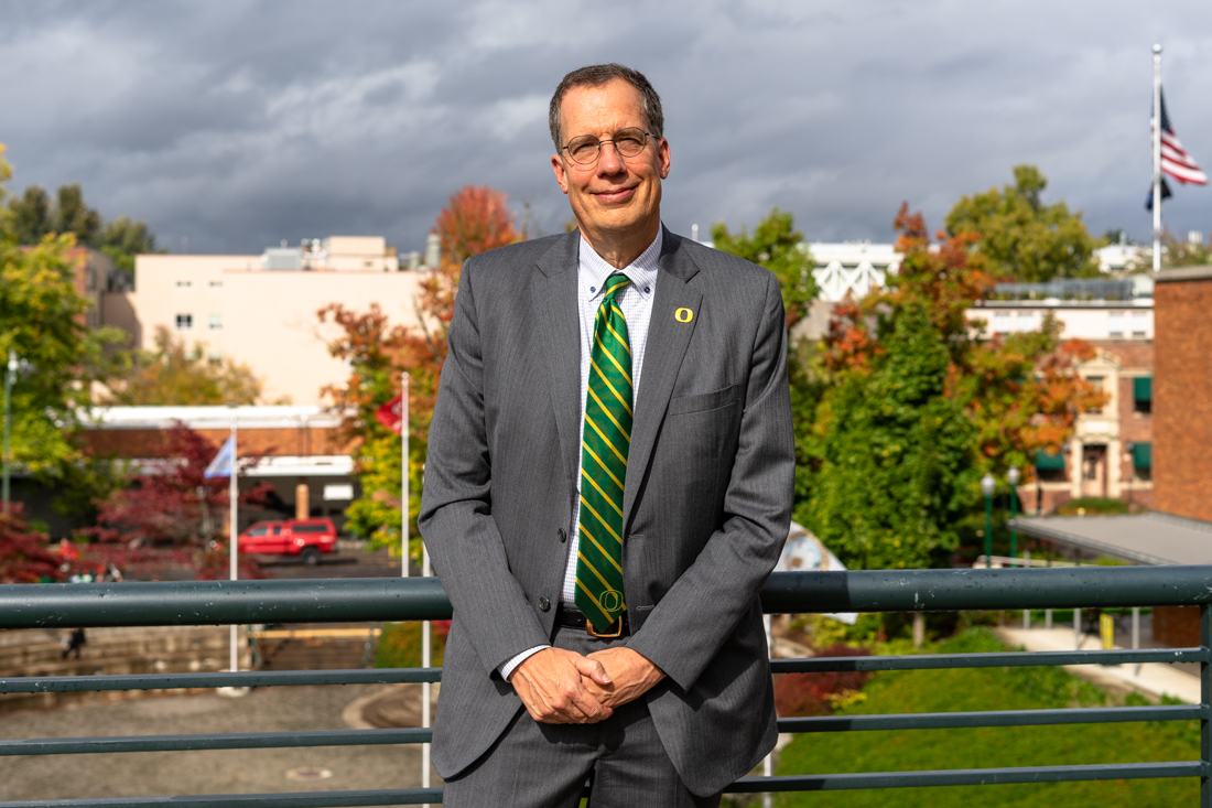 This past week, President John Karl Scholz sat down to discuss the recent sex discrimination lawsuit against the University of Oregon, student workers' plans to unionize, and the university&#8217;s move to the Big Ten Conference. (Lulu Devoulin/ Emerald)