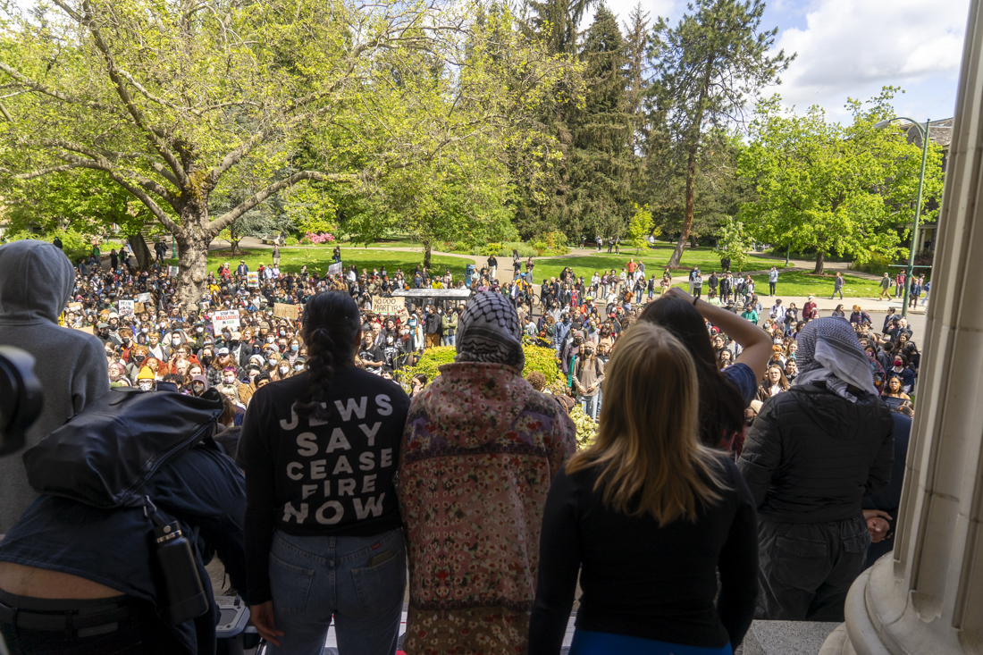 Hundreds of protesters gathered at the site of the encampment on campus, the Memorial Quad, and protested in support of Palestine on May 7, 2024.&#160;(Lulu Devoulin/Emerald)