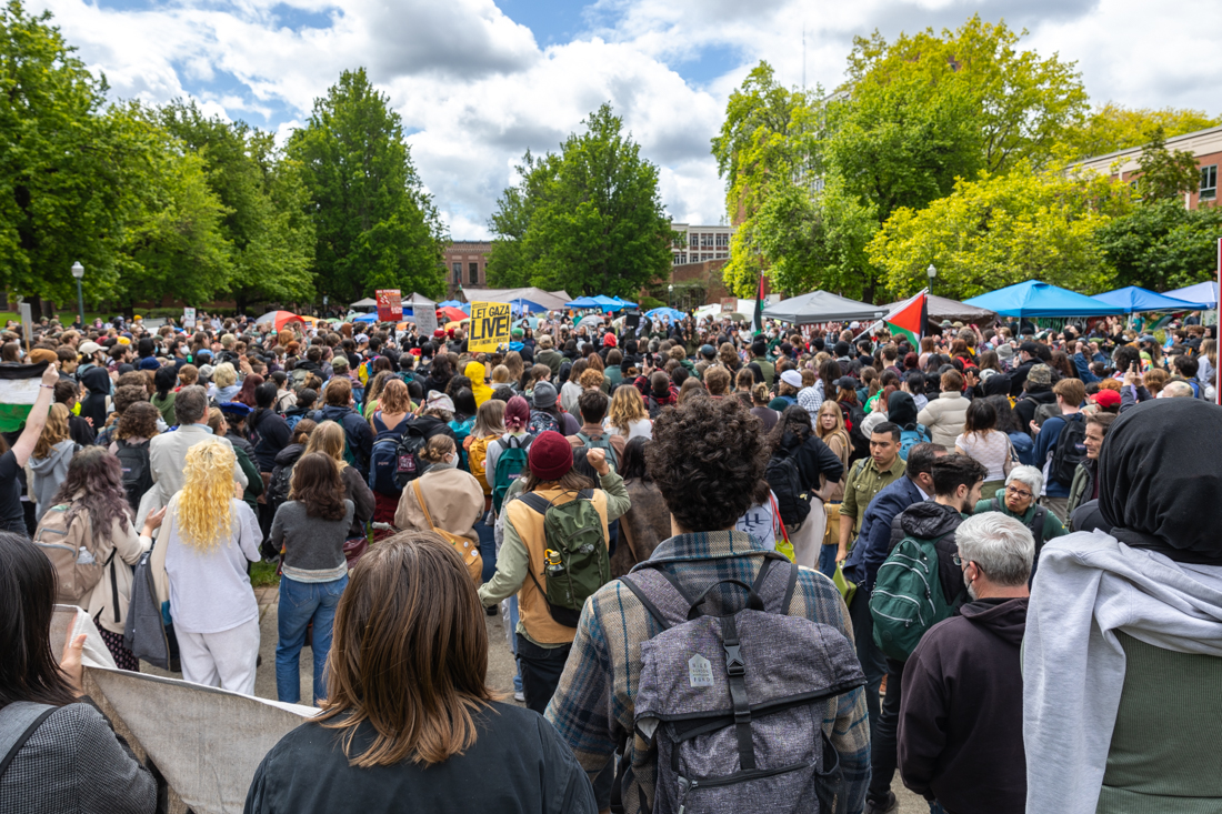 Hundreds of protesters gathered at the site of the encampment on campus, the Memorial Quad, and protested in support of Palestine. (Molly McPherson/Emerald)