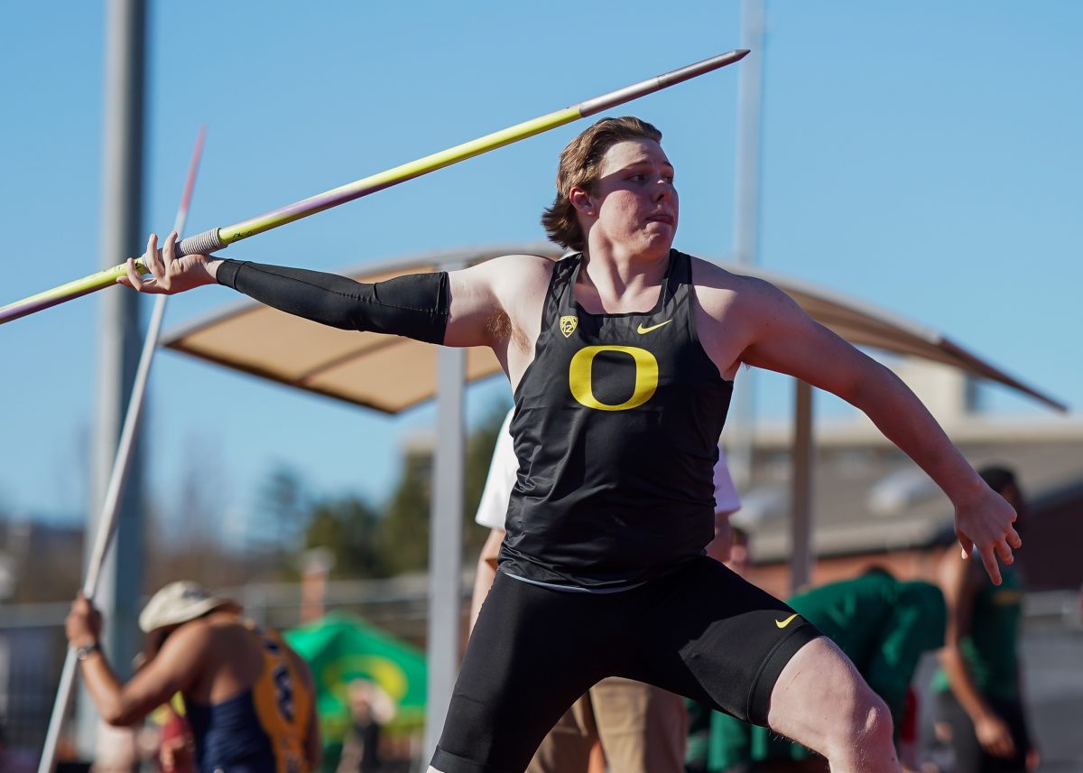 University of Oregon&#8217;s Austin Milton, on his 4th throw, where he threw a 57.58m. AUstin Milton took 2nd overall with a long of 68.30m. Oregon State PNW Invitational, Corvallis, on March 16, 2024. (Eddie Bruning/Emerald)