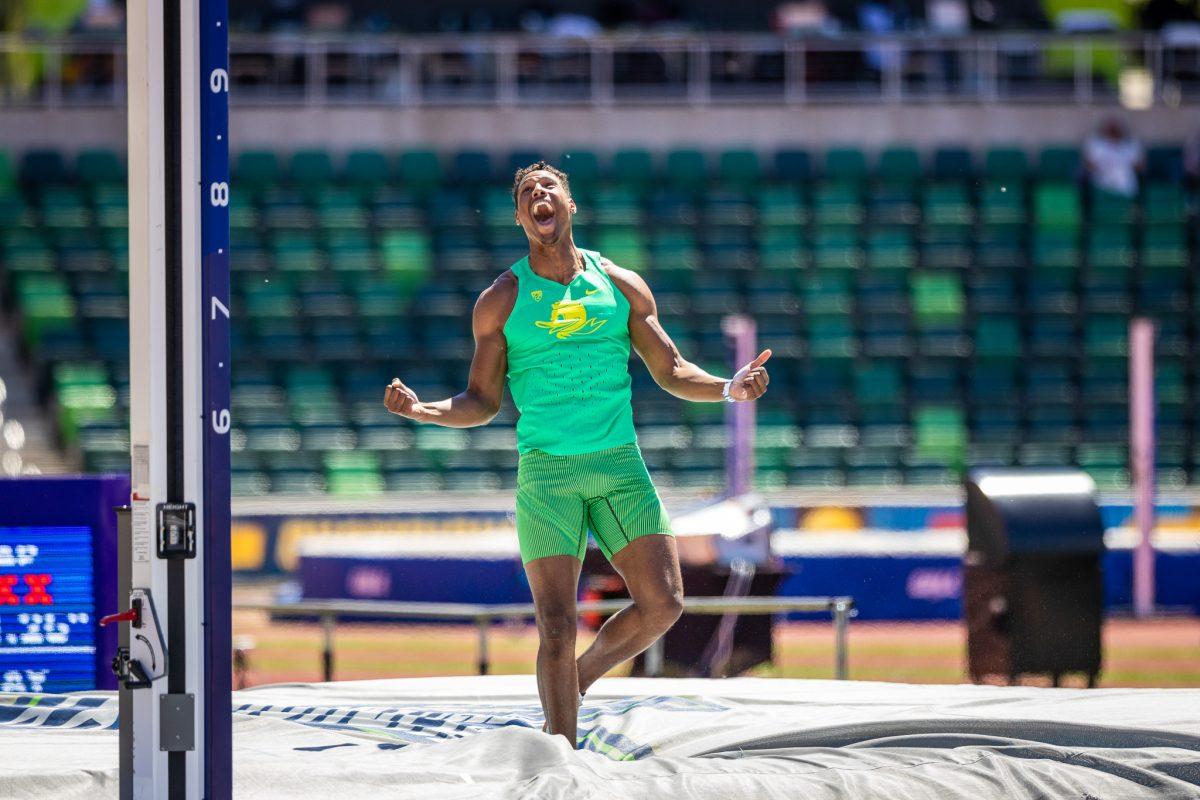 Oregon Duck, Rafael Raap, celebrates as he earns himself a new personal best as he competes in the pole vaulting portion of the decathlon.&#160;The top athletes in college track and field meet in the iconic Hayward Field for the NCAA Championships in Eugene, OR, from June 5th to June 8th, 2024. (Jonathan Suni,