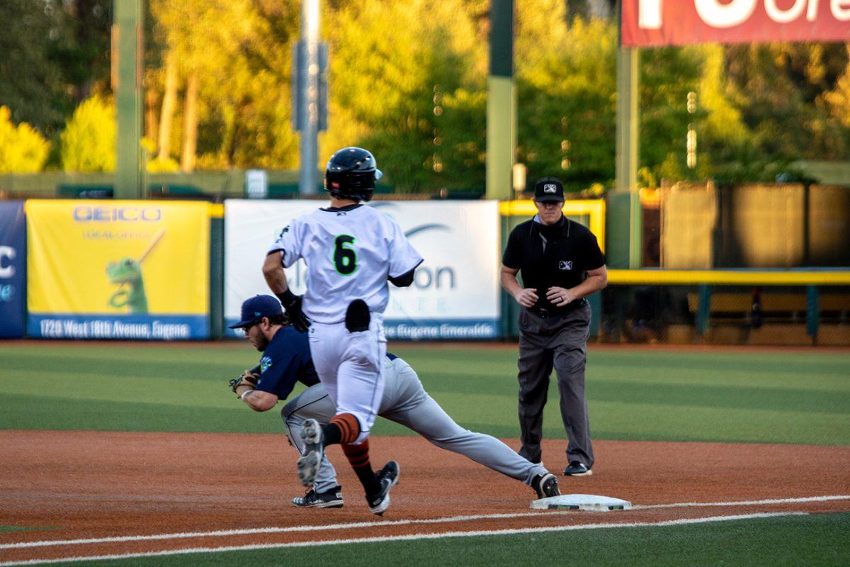 Brett Auerbach (6) is tagged out at first base. The Eugene Emeralds suffered a major 10-2 defeat at the hands of the Everett AquaSox on Wednesday, July 7 at PK Park in Eugene, Oregon. (Will Geschke/Emerald)