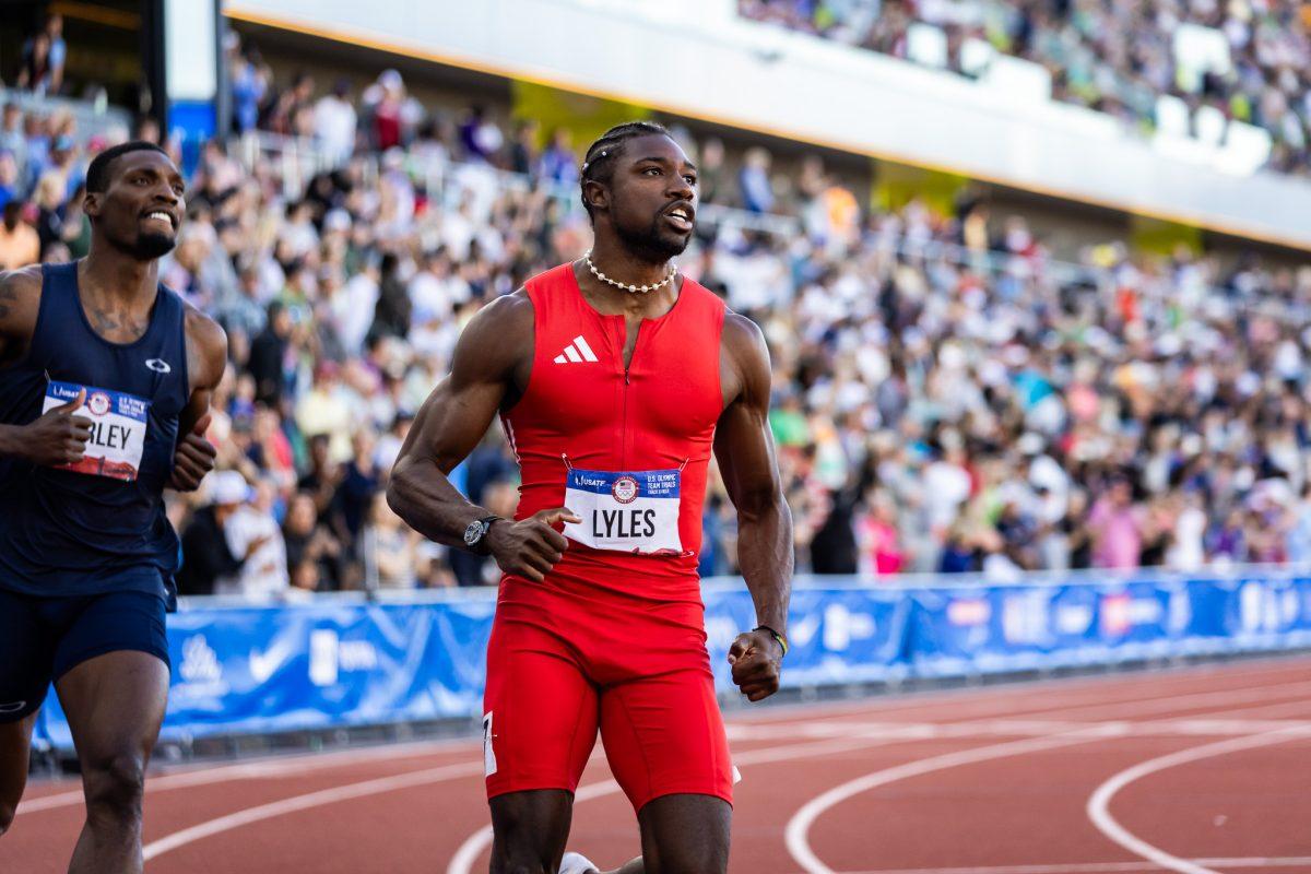 Noah Lyles looks to the big screen as he meets his personal best to win the 100m final.&#160;The most elite athletes in the country meet at Hayward Field for the 2024 Summer Olympic Trials in Eugene, Ore. on June 22, 2024. (Jonathan Suni/Emerald)