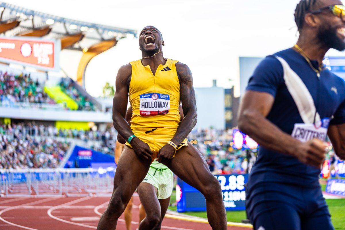 <p>Grant Holloway screams at the crowd after running the world leading time of 12.86 just a few milliseconds shy of beating his personal best which is the meet record as well as the world record itself.  The most elite athletes in the country meet at Hayward Field for the 2024 Summer Olympic Trials in Eugene, Ore. on June 22, 2024. (Jonathan Suni/Emerald)</p>