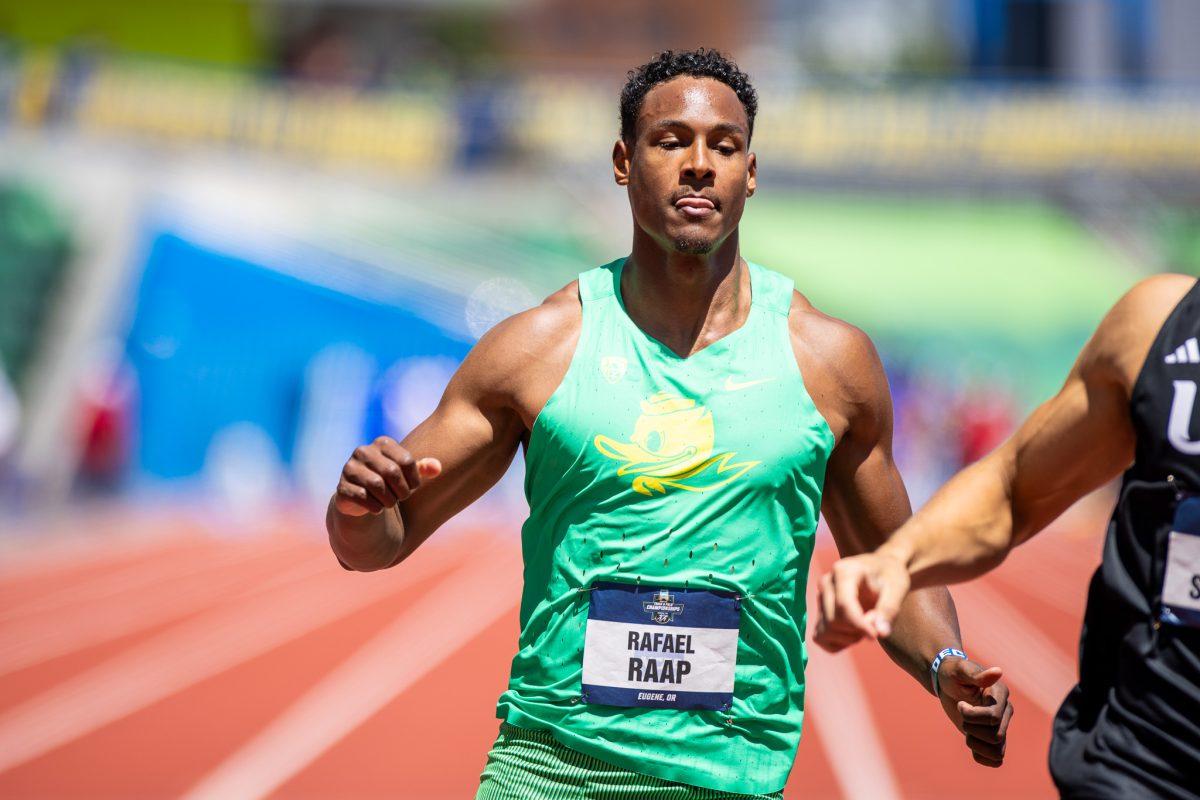 Oregon Duck, Rafael Raap, starts off his two day decathlon by running the 100m race.&#160;&#160;The top athletes in college track and field meet in the iconic Hayward Field for the NCAA Championships in Eugene, OR, from June 5th to June 8th, 2024. (Jonathan Suni, Emerald)