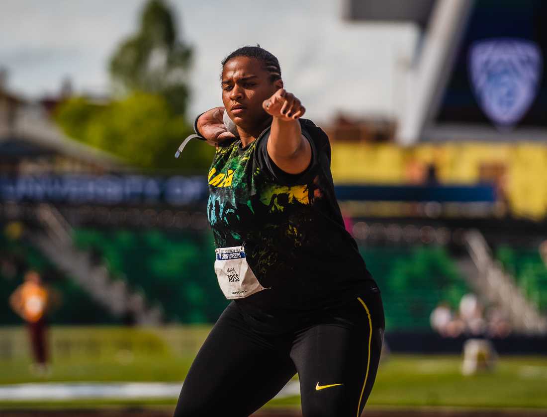 Oregon&#8217;s Jaida Ross winds up to throw during the women&#8217;s shot put. The second day of the 2022 PAC-12 Track &amp; Field Championships took place at Hayward Field in Eugene, Ore., on May 14th, 2022. (Ian Enger/ Emerald)