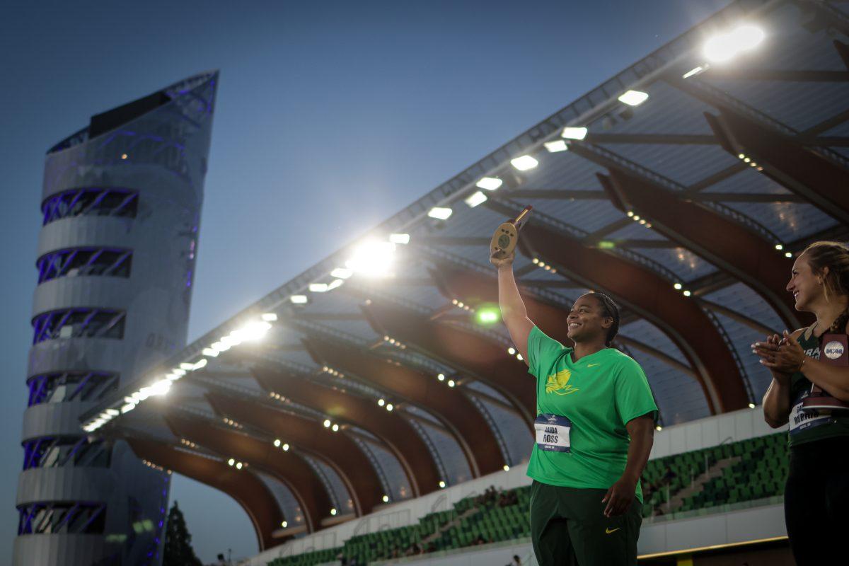 Jaida Ross stands on top of the first place podium as she is showered with cheers from her home fans after earning the national title for women's shot put.&#160;The top athletes in college track and field meet in the iconic Hayward Field for the NCAA Championships in Eugene, OR, from June 5th to June 8th, 2024. (Kai Kanzer, Emerald)