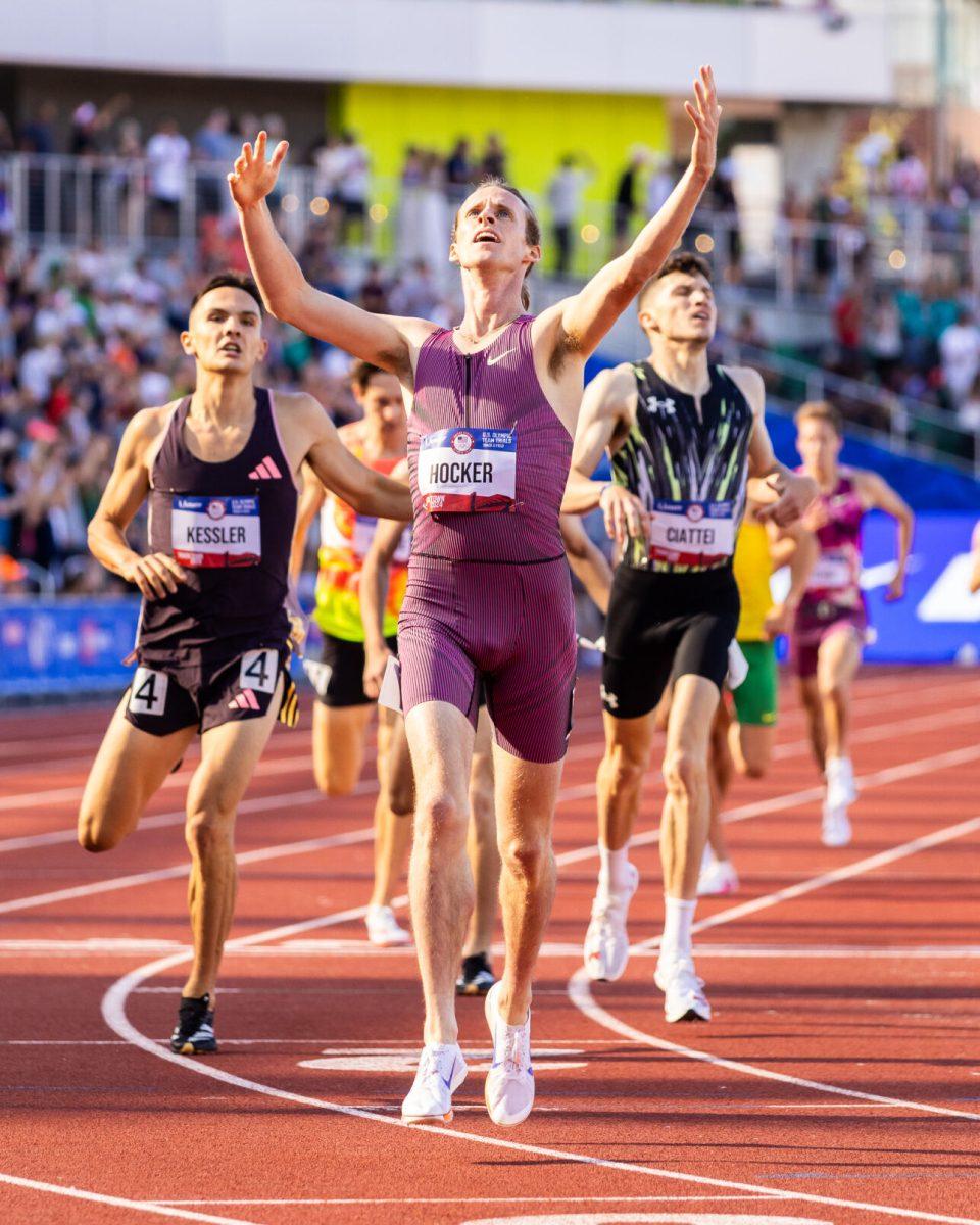 Former Oregon Duck, Cole Hocker, basks in the Eugene sun as he is showered with cheers in his old college competing grounds. He will represent the University of Oregon and the entire country of the United States of America in Paris as he fights for gold in the 1500m.&#160;The most elite athletes in the country meet at Hayward Field for the 2024 Summer Olympic Trials in Eugene, Ore. on June 22, 2024. (Jonathan Suni/Emerald)