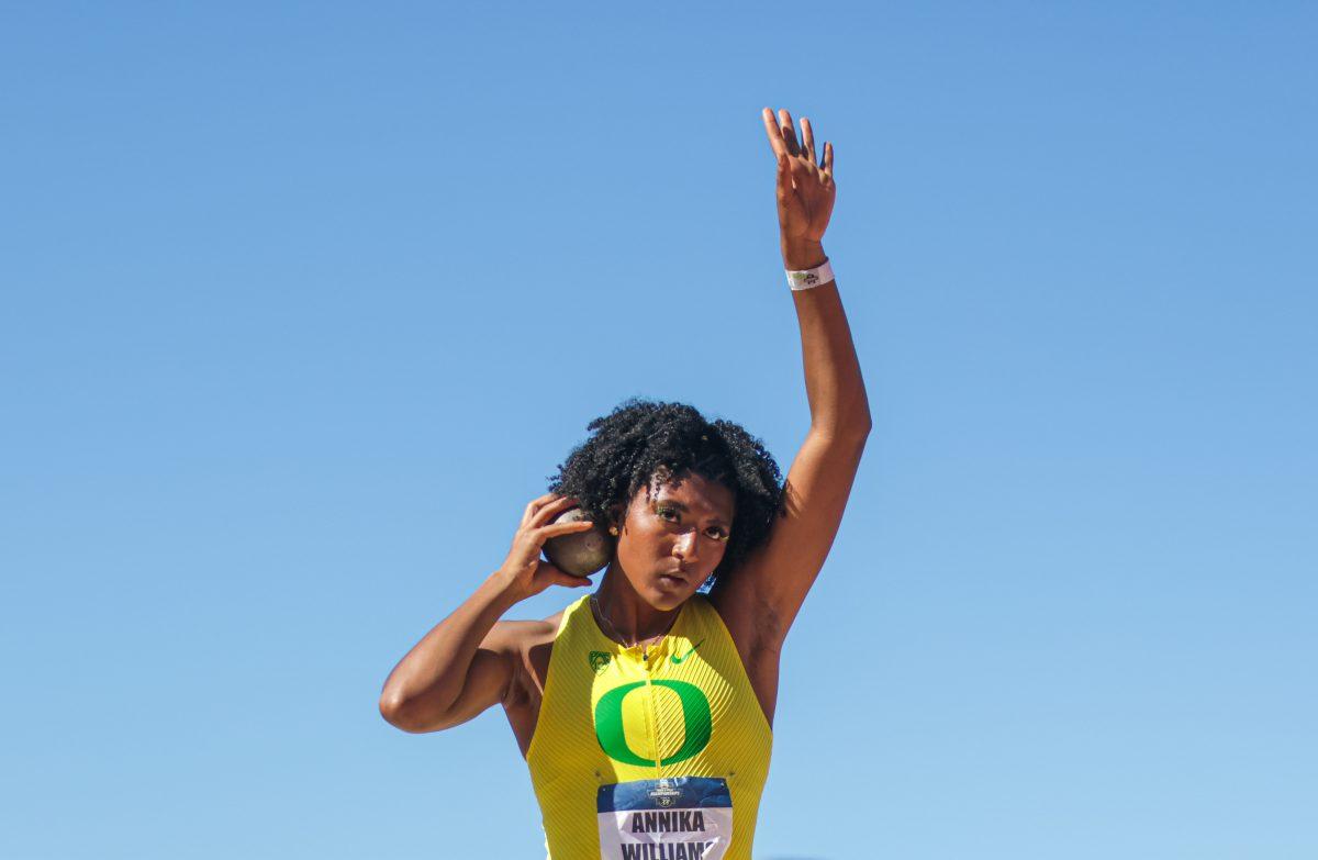 Annika Williams ends the shot put event of the Women's Heptathlon with a personal best 14.51m. The top athletes in college track and field meet in the iconic Hayward Field for the NCAA Championships in Eugene, OR, from June 5th to June 8th, 2024. (Kai Kanzer, Emerald)&#160;