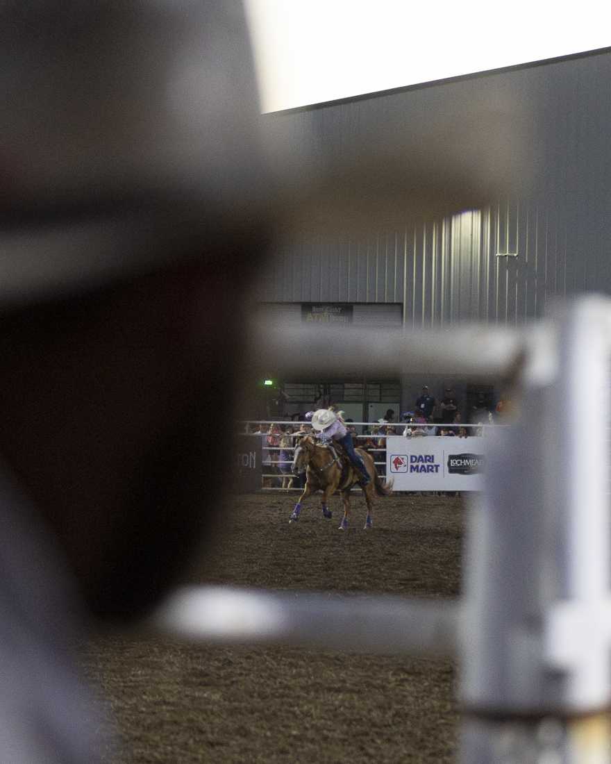 A rodeo contestant participates in the Barrel Racing event on July 3, 2024. The Eugene Pro Rodeo kicked off its first day with the theme of "Tough Enough to Wear Pink," in support of cancer awareness. (Alex Hernandez/Emerald)