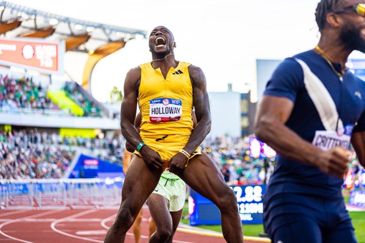 <p><span>Grant Holloway screams at the crowd after running the world leading time of 12.86 just a few milliseconds shy of beating his personal best which is the meet record as well as the world record itself. The most elite athletes in the country meet at Hayward Field for the 2024 Summer Olympic Trials in Eugene, Ore. on June 22, 2024. (Jonathan Suni/Emerald)</span></p>